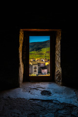 Panoramic view of italian countryside through the window