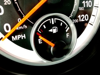 Empty gas tank gauge on dashboard