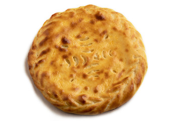 pie on the isolated background. delicious pie with mushrooms and potatoes.