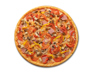 pizza on isolated background. delicious pizza with mushrooms and tomatoes