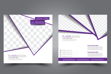 Square flyer design. A cover for brochure.  Website or advertisement banner template. Vector illustration. Purple color.