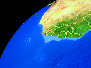 Gambia from space. Planet Earth with country borders and extremely high detail of planet surface.