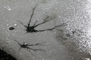 cracked ice on river in winter