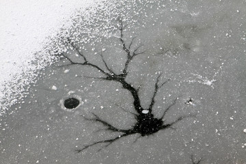 cracked ice on river in winter