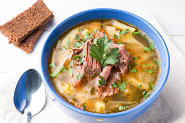 Russian traditional cabbage soup with meat and fresh herbs on a light table.