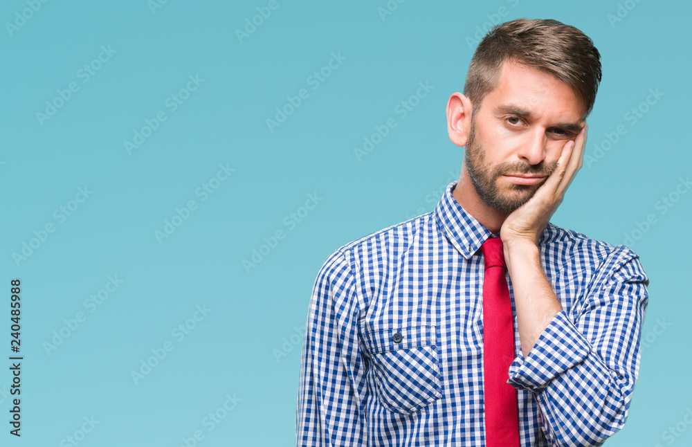 Poster Young handsome business man over isolated background thinking looking tired and bored with depression problems with crossed arms.