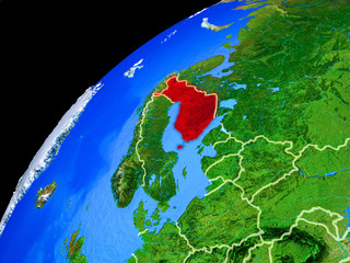 Finland from space. Planet Earth with country borders and extremely high detail of planet surface.