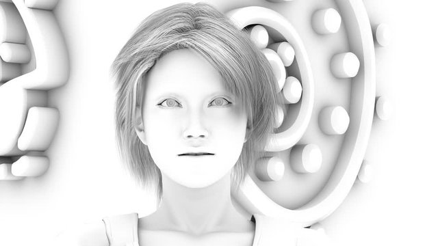 3d animation A VIRTUAL FACE OF WOMAN who speak on white background with symbols