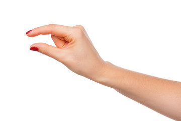 Female manicured hand measuring invisible items, woman's palm making gesture
