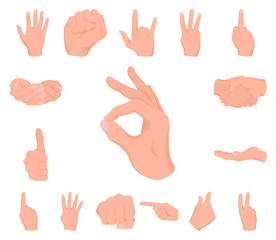 Obraz premium Hand gesture cartoon icons in set collection for design. Palm and finger vector symbol stock web illustration.