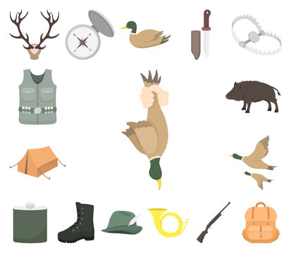 Hunting and trophy cartoon icons in set collection for design. Hunting and equipment vector symbol stock web illustration.