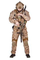 Special forces soldier with rifle on white background. army, military and people concept