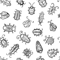 A fun seamless vector pattern with illustrations of beetles on white background