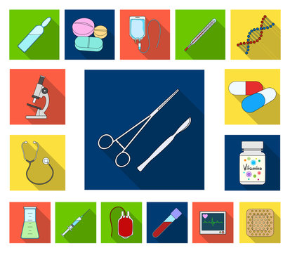 Medicine and treatment flat icons in set collection for design. Medicine and equipment vector symbol stock web illustration.