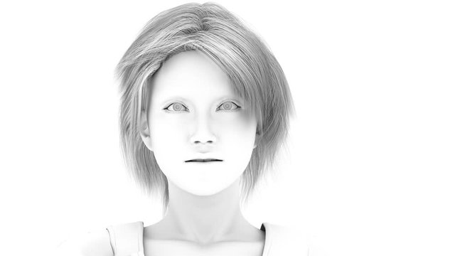 3d animation A VIRTUAL FACE OF WOMAN who speak on white background 