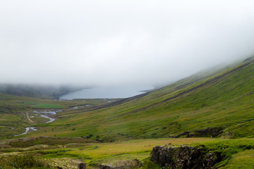 Mjoifjordur rural landscape, east Iceland. Icelandic panorama