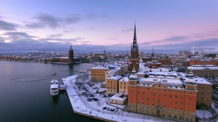 Aerial view of Stockholm City in winter 