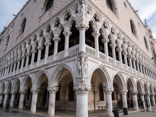 Fototapeta na wymiar VENICE, ITALY, NOV 1st 2018: Doges Palace detailed facade or exterior perspective view. Ancient Italian renaissance architecture. Famous historic venetian landmark on San Marco Square or Piazza Nobody