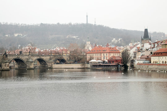Charles bridge , navigation and shipping on the river,  Vltava, Moldau,