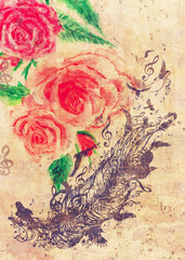 Roses and feather with birds