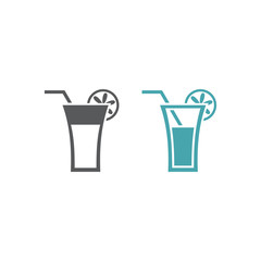 Two vector illustrations of a glass with drink, a tubule and a piece of a lemon. Set of vector symbols. Fresh cooling tasty soft drink. Flat design Monohrome