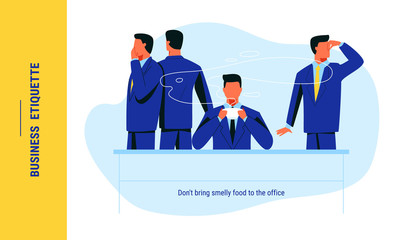 Male employee eating smelly stinky food at his workplace and annoying his colleagues. Disrespect of corporate rules and bothering coworkers at office. Business etiquette for successful communication.