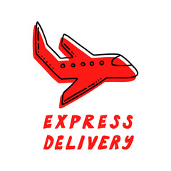 Hand drawn vector icon with bold lettering for courier service and delivery banners, web and design. Outline style express delivery icon with air plane isolated on white - Express delivery.