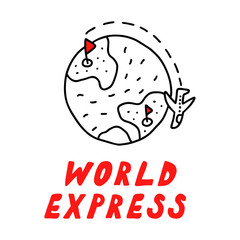Hand drawn vector icon with bold lettering for courier service and delivery banners, web and design. Outline style express delivery icon with planet isolated on white - World Express.