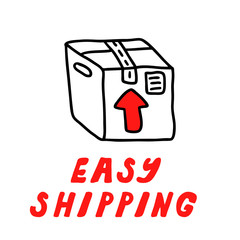 Hand drawn vector icon with bold lettering for courier service and delivery banners, web and design. Outline style express delivery icon with parcel box isolated on white - Easy shipping.