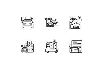 Parking Options linear icon set which include Parking Station, Street, Airport, Hospital, Resident  Parking, Park and Rides icons. Vector illustrations for web and print.