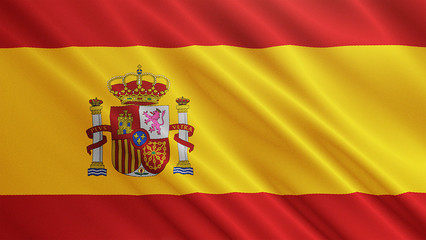 Fototapeta premium Spain flag is waving 3D animation. Symbol of European, Espana, Spanish national on fabric cloth 3D rendering in full perspective.