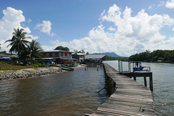 Small village nearby the sea with jetty. Lawas Sarawak Malaysia