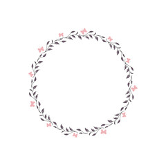 Vector floral hand drawn frame. Flowers and leaves in a round arrangement.