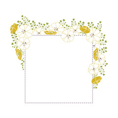Vector floral hand drawn frame. Flowers and leaves in a square arrangement.