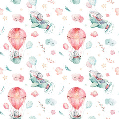 Een illustratie van de waterverflente van het schattige paashaasje. Konijn cartoon dier naadloos roze patroon met ballon