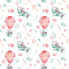 Behang Een illustratie van de waterverflente van het schattige paashaasje. Konijn cartoon dier naadloos roze patroon met ballon © kris_art