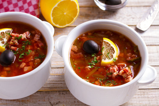 Russian dish  solyanka - thick, spicy and sour saltwort soup. horizontal