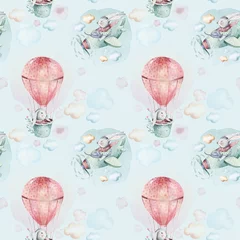 Gordijnen Hand tekenen vliegen schattige paashaas aquarel cartoon konijntjes met vliegtuig en ballon in de lucht textiel patroon. Turkoois aquarel textiel illustratie decoratie © kris_art