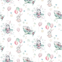 Behang Hand tekenen vliegen schattige paashaas aquarel cartoon konijntjes met vliegtuig en ballon in de lucht textiel patroon. Turkoois aquarel textiel illustratie decoratie © kris_art