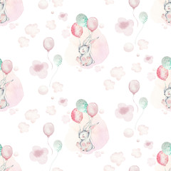 A watercolor spring illustration of the cute easter baby bunny. Rabbit cartoon animal seamless pink pattern with balloons