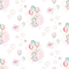 Tapeten Tiere mit Ballon Eine Aquarellfrühlingsillustration des niedlichen Osterbabyhasen. Kaninchenkarikaturtier nahtloses rosa Muster mit Luftballons