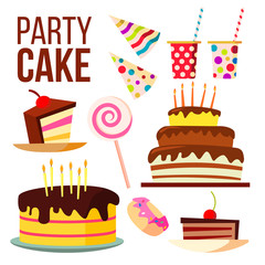 Party Sweet Cake Vector. Big Celebration Cake. Festive, Holiday, Birthday Design Element. Isolated Cartoon Illustration