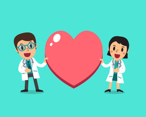 Vector cartoon female doctor and male doctor with big heart sign for design.
