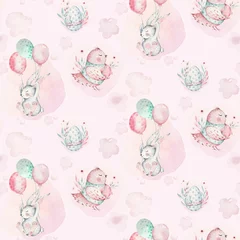 Cercles muraux Animaux avec ballon Une illustration printanière à l& 39 aquarelle du mignon bébé lapin de Pâques. Motif rose sans couture d& 39 animal de dessin animé de lapin avec le ballon et l& 39 oiseau