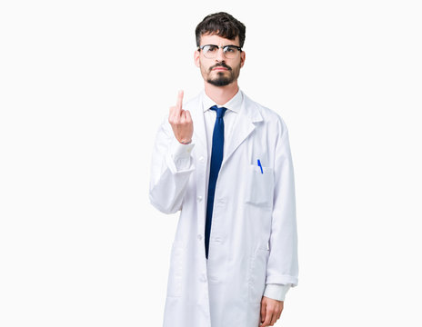 Young Professional Scientist Man Wearing White Coat Over Isolated Background Showing Middle Finger, Impolite And Rude Fuck Off Expression