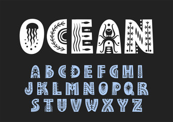 Vector uppercase alphabet decorated with underwater patterns. © struvictory