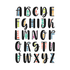 Vector brush pen handwritten alphabet capital decorated with color ethnic ornaments