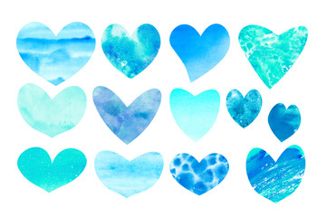 Blue turquoise watercolor hearts set