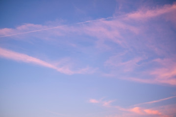 blue purple sunset sky , plane lanes