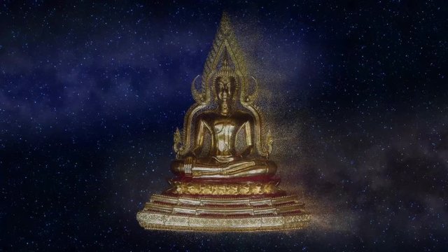 Gold Particle Dust Buddha Statue Animation With Background Star field In Space Of The Universe